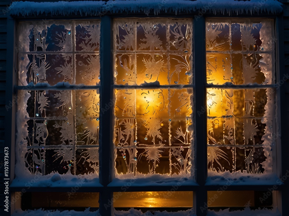 © Zohaib - A frosted windowpane with intricate ice patterns reflecting the glow of Christmas lights.