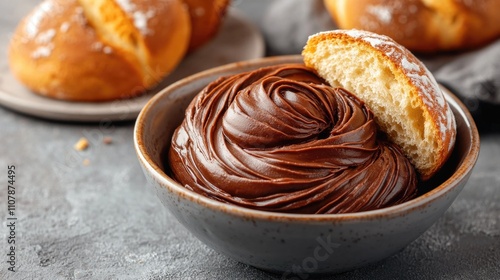 A delicious treat consisting of a chocolate spread in a bowl accompanied by a partially consumed pastry