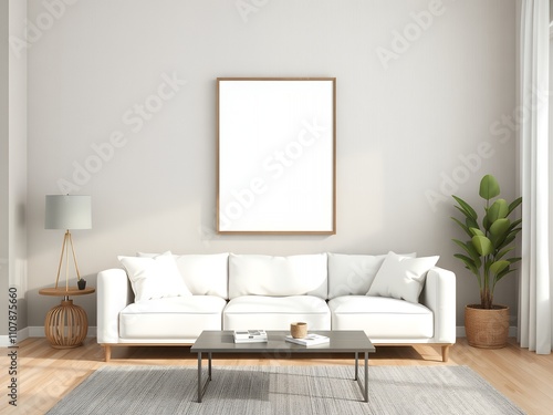 Modern living room interior mockup with empty frame for wall poster display