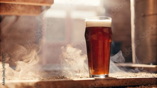 Smoked Amber Ale: A glass of rich amber ale sits on a rustic surface, with smoky haze in the background, evoking a sense of warmth and craft brewing.  photo