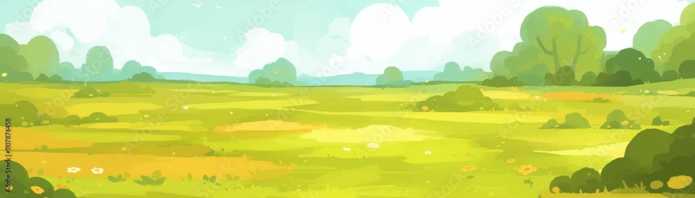Obraz premium Wide banner. Vibrant green landscape with lush trees and a clear sky.