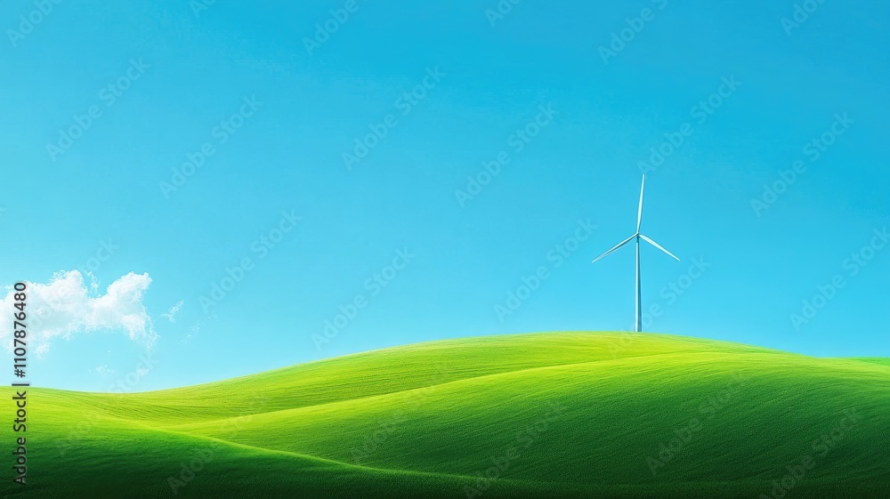Fototapeta premium Wind turbine on green hill under bright blue sky with few clouds