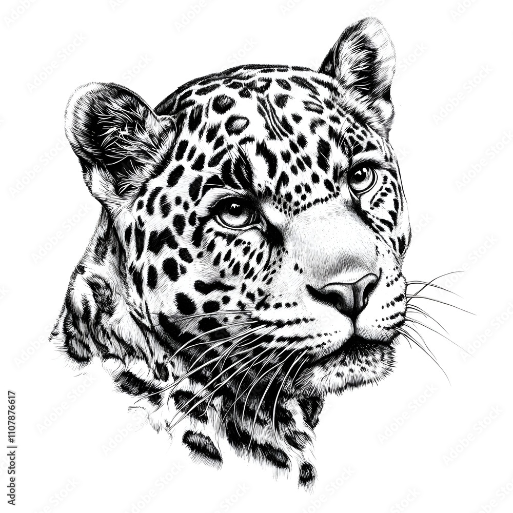Fototapeta premium A profile portrait of a jaguar is drawn on a white background and has a draw effect.