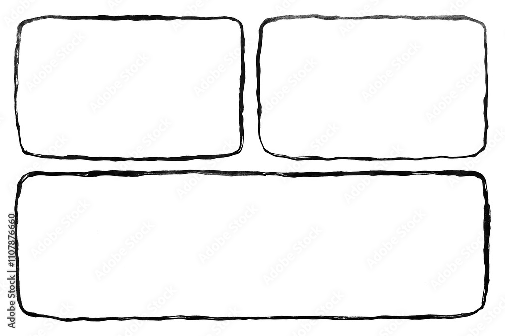 Minimalist comic page layout with three empty frames against white background. Simple black hand-drawn borders. Classic comic strip arrangement with two equal panels above one larger.
Minimalist comic page layout with three empty frames against white background. Simple black hand-drawn borders. Classic comic strip arrangement with two equal panels above one larger.
