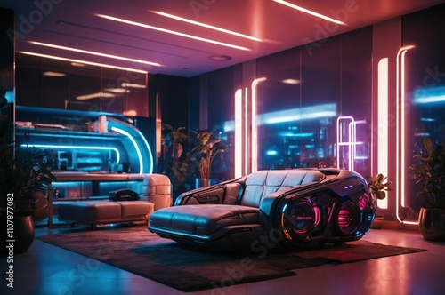 Minimalist cyberpunk futuristic, interior architecture buliding room design with neon lights.
