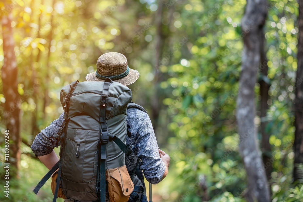 Naklejka premium A hiker with a backpack explores a lush forest trail under natural sunlight.