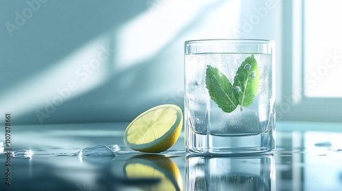 Refreshing iced water with lemon and mint. photo