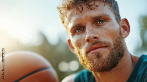 A confident man with a beard holds a basketball, gazing into the distance, reflecting determination and the dynamic spirit of outdoor sports on a sunny day. photo