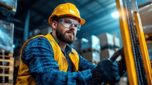 A warehouse worker is wearing a yellow safety vest and helmet as he attentively operates a forklift, moving large pallets with precision in an industrial setting. photo