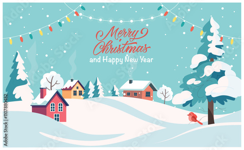 Cozy christmas winter landscape with festive greeting