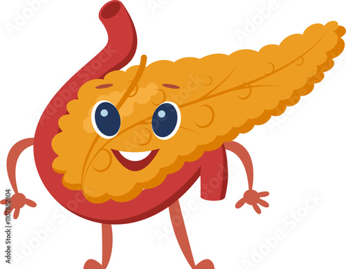 Cartoon representation of a healthy pancreas and duodenum with a smiling face, promoting awareness of digestive health and medical education