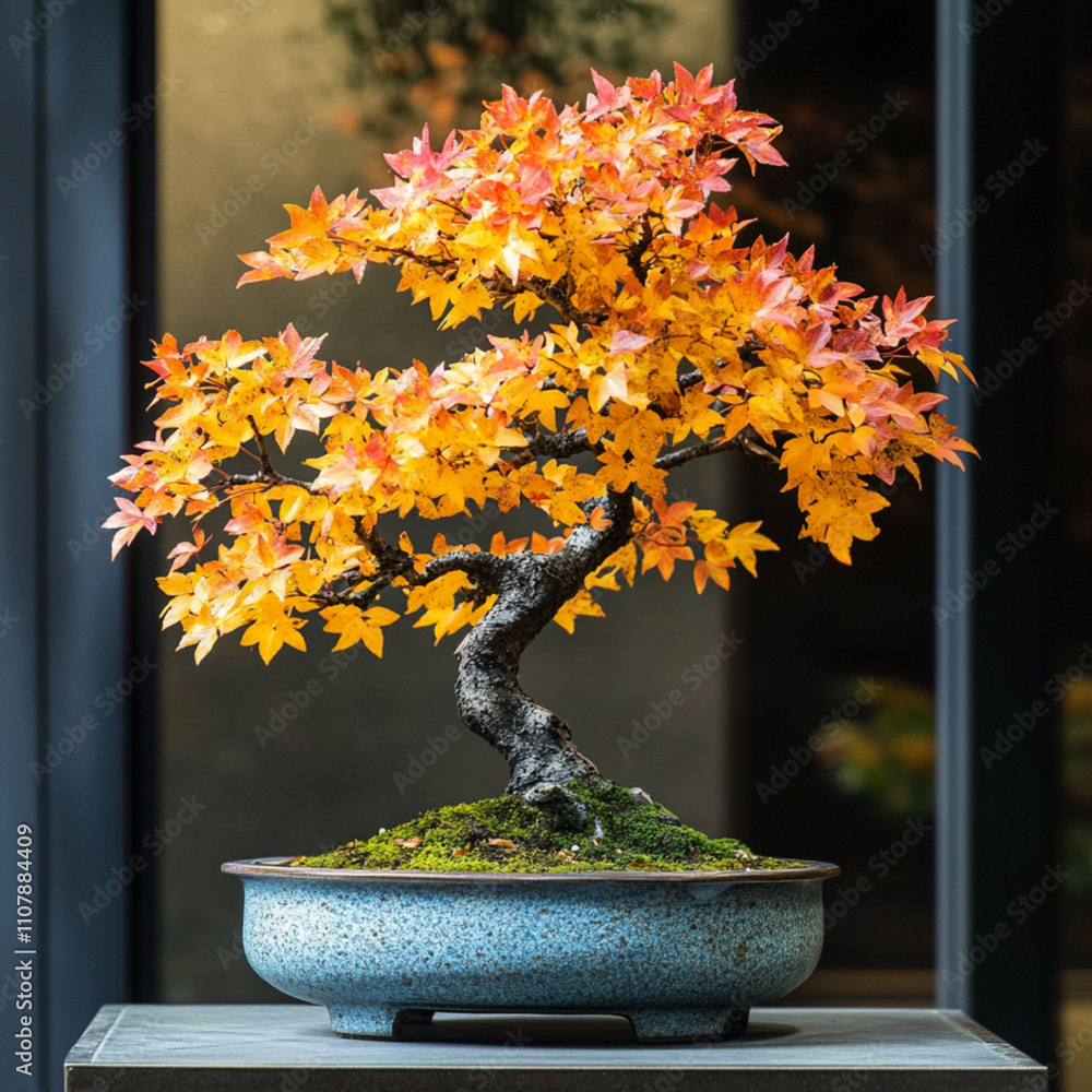Chinese Bonsai Maple Leaves in Yellow and Orange Hues, Displayed in an Elegant Low Vase Chinese Bonsai Maple Leaves in Yellow and Orange Hues, Displayed in an Elegant Low Vase