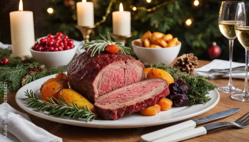 Roasted Christmas Beef with Appetizers on Festive Table. Roasted Christmas Beef with Appetizers on Festive Table.