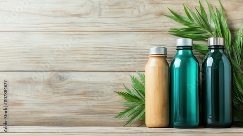 Three differently colored bottles placed on a light wooden table, accentuated by leafy decoration, offering a sense of harmony and sustainable living concepts. photo