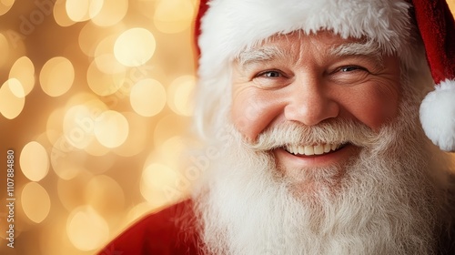 Santa Claus in traditional red attire is smiling warmly with a glowing background of festive bokeh lights, evoking a sense of holiday cheer and warmth. photo