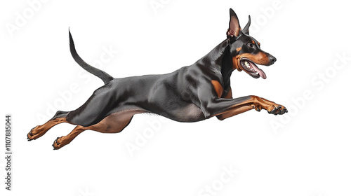 A spirited Doberman leaps gracefully through the air, displaying athleticism and energy. The indoor lighting highlights its sleek coat, capturing a moment of joy and vitality. photo