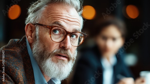 A bearded man with glasses set in a bustling office environment, conveying alertness and curiosity, surrounded by the energetic hum of work colleagues. photo