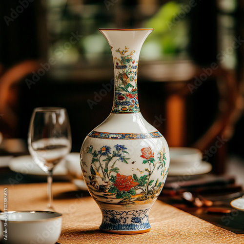 Expensive Chinese Rice Wine in an Antique Vase for a Formal Chinese Dinner Setup photo