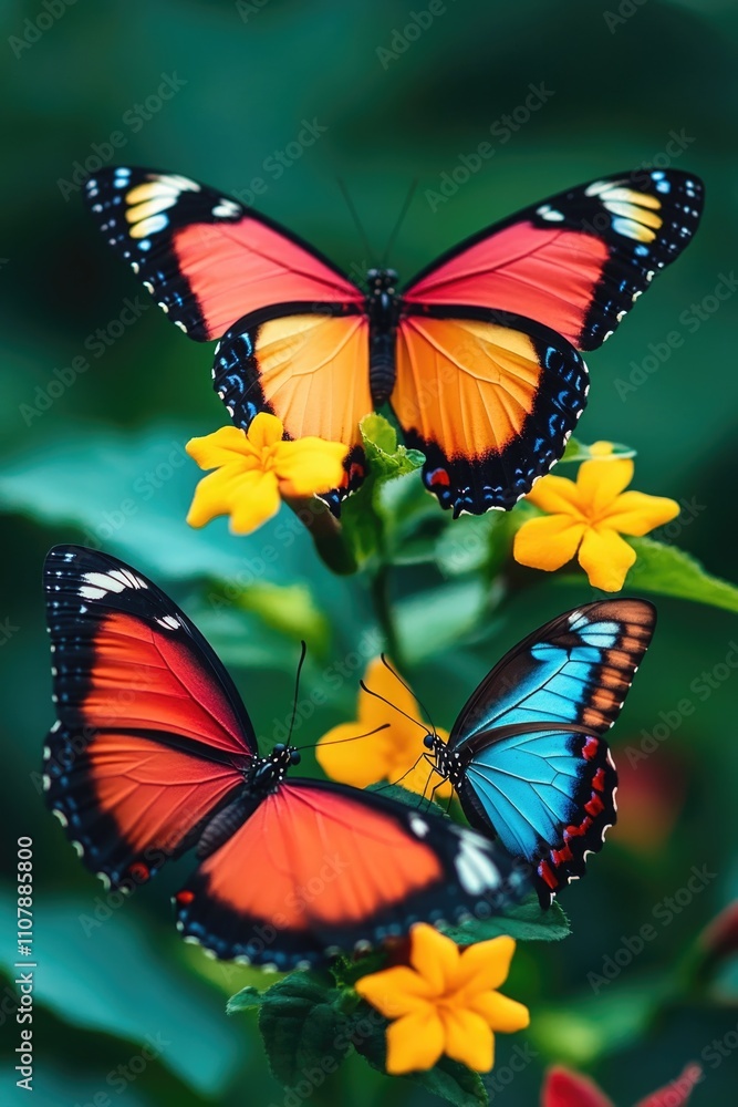 Fototapeta premium Two butterflies sit on colorful flowers in a natural setting