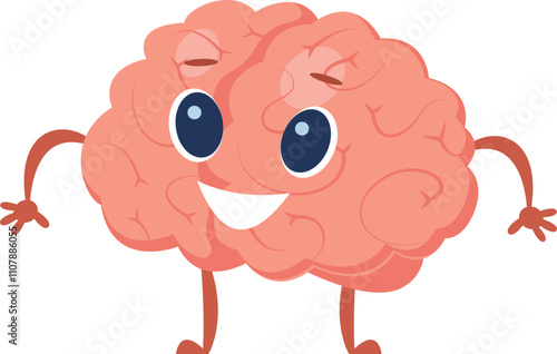 Happy brain character walking, symbolizing intelligence, creativity, and mental health, perfect for educational or medical projects