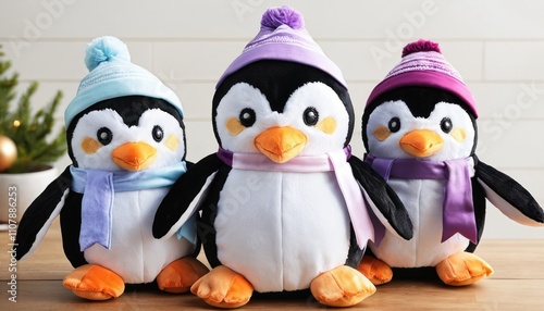 Three plush penguin toys in winter hats and scarves. photo