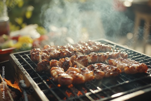 A close-up shot of juicy meat sizzling on the grill, great for food and cooking scenes photo