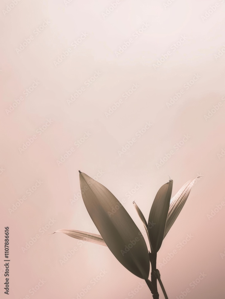 Obraz premium Softly lit minimalistic plant silhouette with delicate leaves against a pastel backdrop; ideal for calming visuals.
