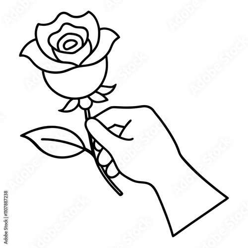 Hand Holding a Blooming Rose Line Art Vector Illustration