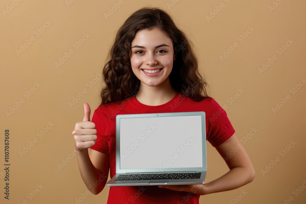 A woman holds a laptop in her hands, wearing a red shirt