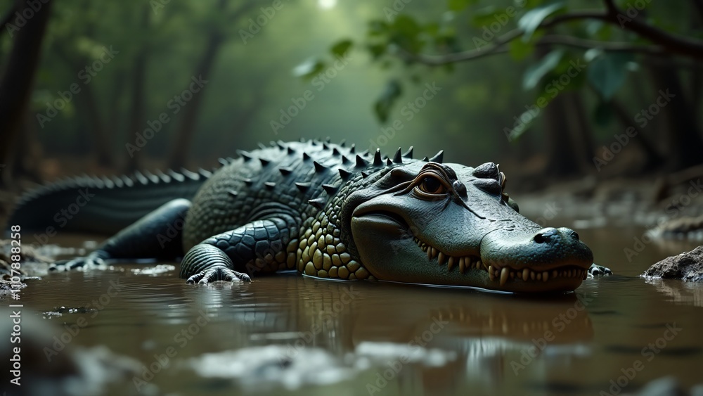 Obraz premium An alligator basking by the water’s edge in a swampy environment. Its powerful, armored body contrasts with the peaceful, murky waters, showcasing its dominance in nature.