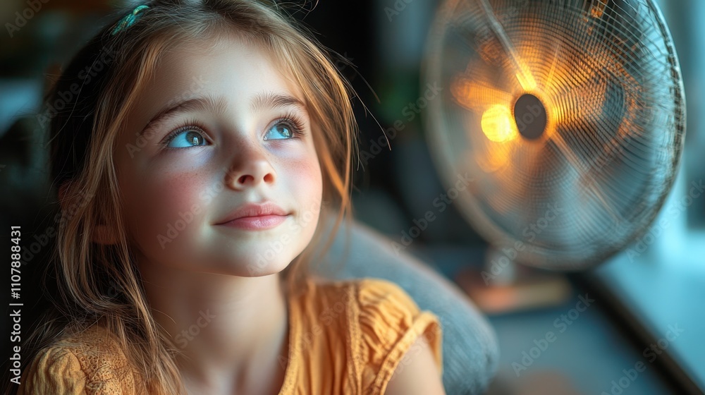 Naklejka premium little girl at home enjoying the breeze from the fan heat of summe