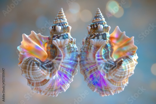 A pair of seashells against a blue background, ideal for decorating a room or creating a coastal theme photo