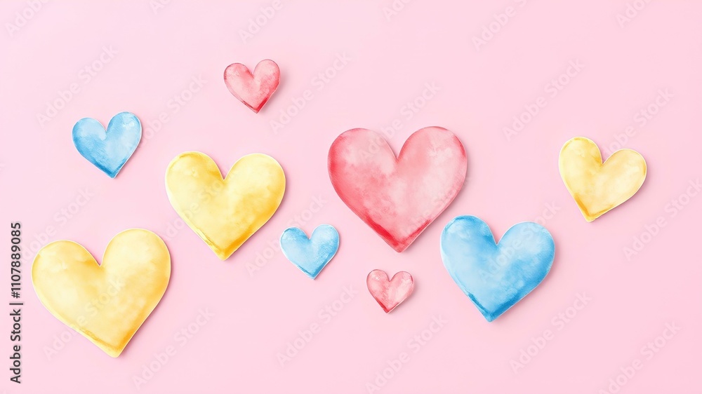 Fototapeta premium Delicate pastel hearts in pink, yellow and blue painted with watercolours on a pink background . Valentine's Day cards and greetings.