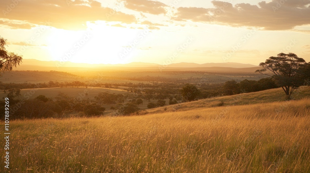 Fototapeta premium Golden Sunset Over Rolling Hills And Grasslands