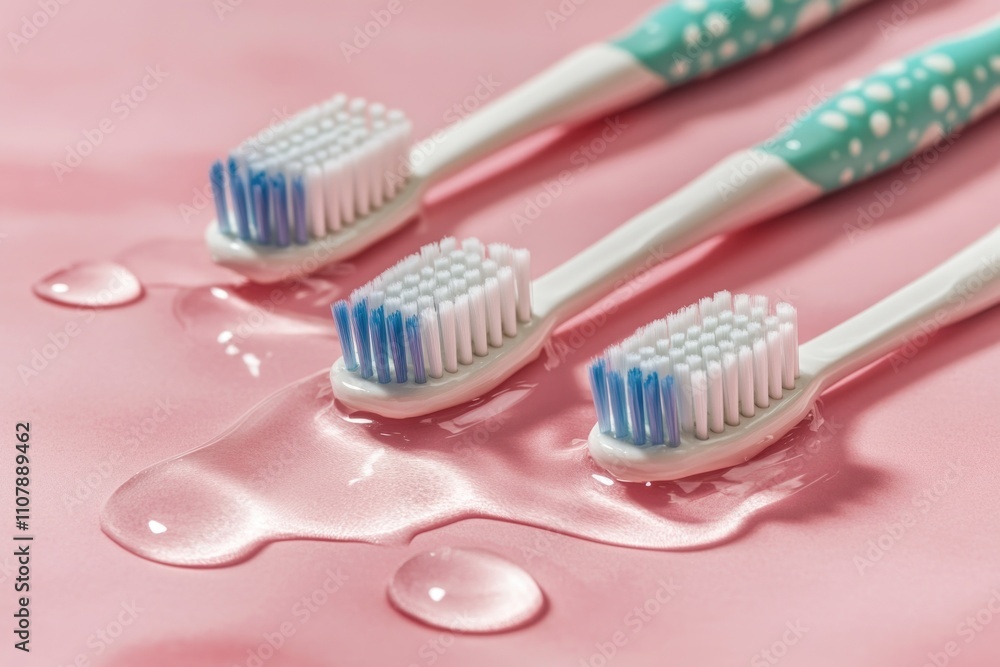 Three toothbrushes sit on a bright pink surface, ready for use Three toothbrushes sit on a bright pink surface, ready for use