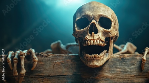 With a mysterious aura, the skeleton head and arms rest over a wooden barrier, highlighted by atmospheric lighting that accentuates its haunting skeletal features. photo