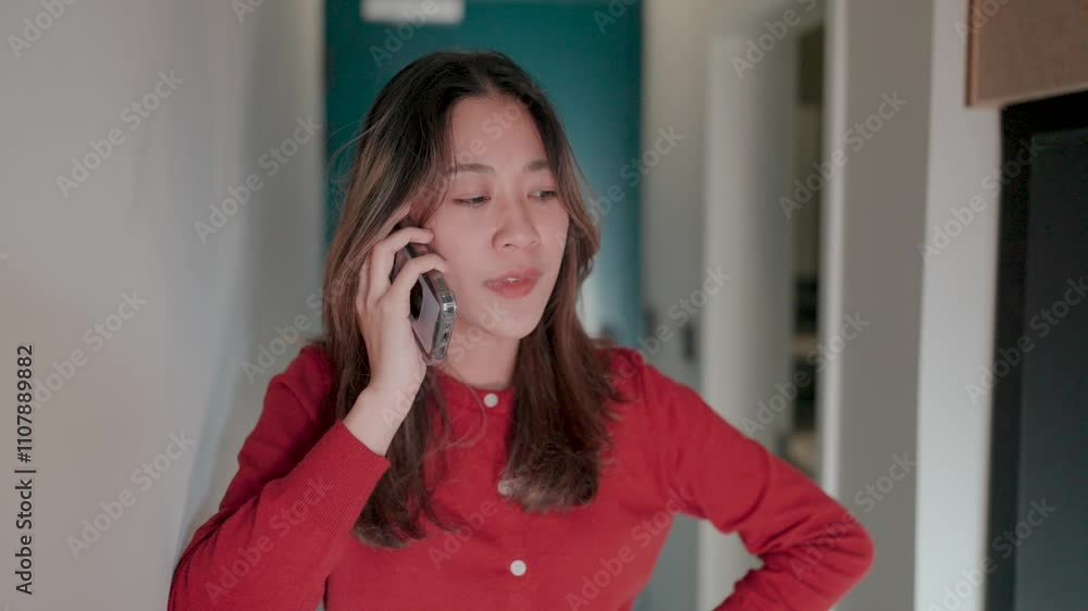 Important Phone Conversation She Lost Her Passport While Traveling A young woman in a red sweater stands in the hallway and listens intently to a conversation on her smartphone. Her face looks serious Important Phone Conversation She Lost Her Passport While Traveling A young woman in a red sweater stands in the hallway and listens intently to a conversation on her smartphone. Her face looks serious