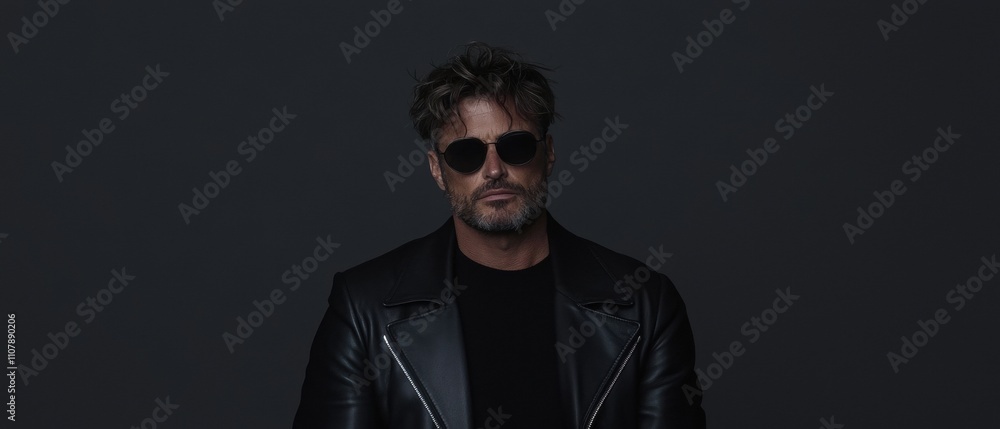 Obraz premium Portrait of a man wearing a black leather jacket and sunglasses. he is standing in front of a dark grey background and is looking directly at the camera with a serious expression on his face.