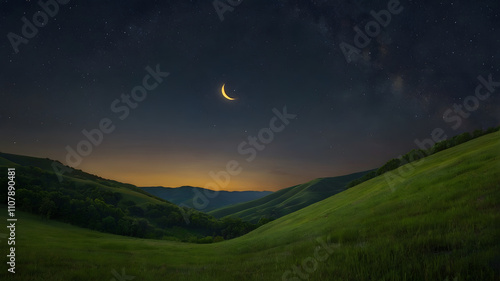 Wallpaper Mural A crescent moon hanging low over rolling green hills, with fireflies glowing in the foreground Torontodigital.ca