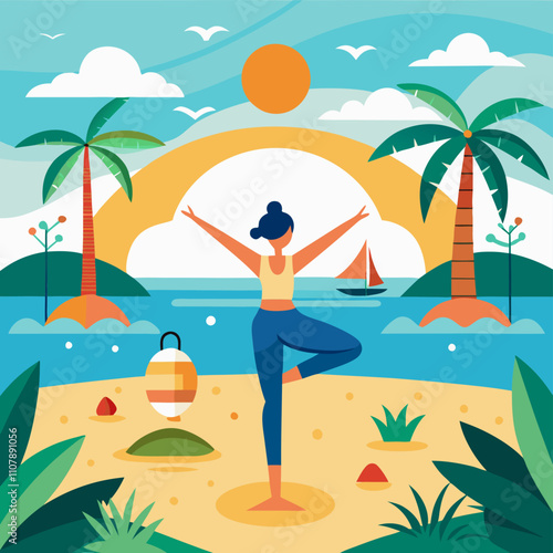 Beach Yoga Serenity Wellness Background Illustration