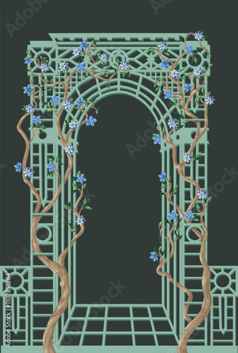 Alcove and trees with flowers in chinoiserie style. Vector.