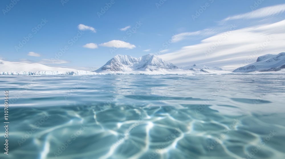 Fototapeta premium Landscape photograph of a vast body of water with a mountain range in the background. the sky is blue with a few white clouds scattered across it.