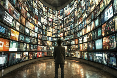 A male IT Professional with their back to the viewer observing the large amount of computer monitors.