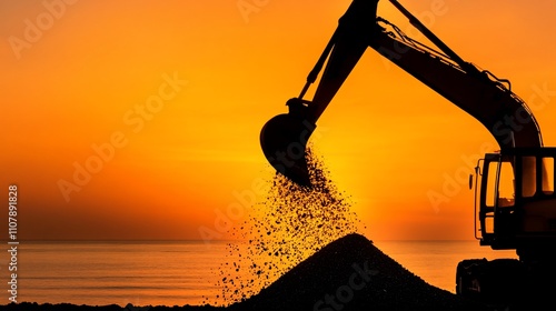 Excavator silhouette at sunset, dumping gravel near ocean.