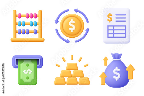 Abacus, coin, file, banknote, gold bar, money bag. Finance 3d vector icon set. Cartoon minimal style.