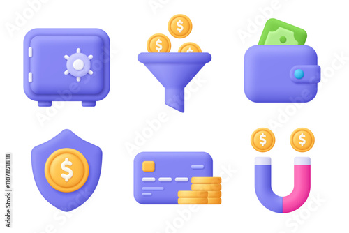 Safe deposit, funnel, wallet, shield, credit card, magnet, coin. Finance 3d vector icon set. Cartoon minimal style.