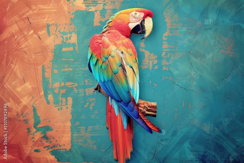 Fototapeta premium A vibrant parrot perched on a natural wooden branch, showcasing its bright plumage and expressive features