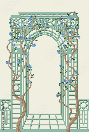 Alcove and trees with flowers in chinoiserie style. Vector.