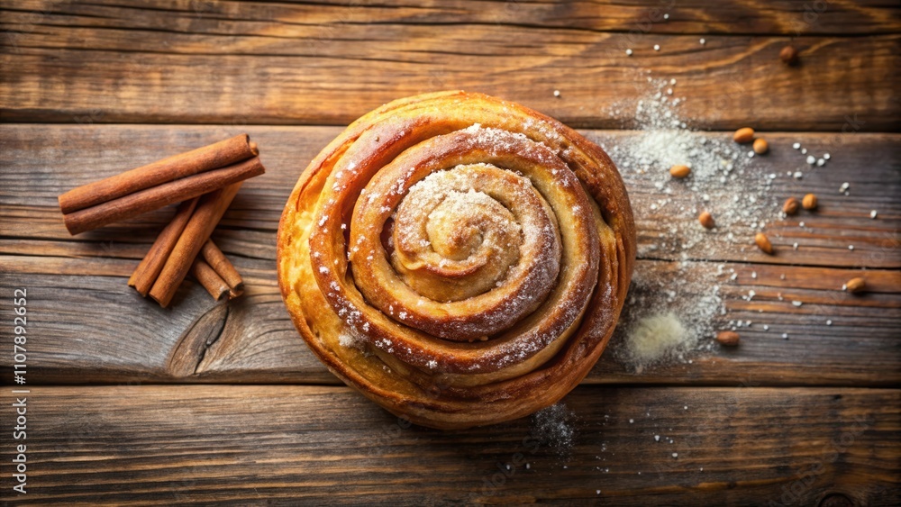 A single, sweet cinnamon roll with a light dusting of powdered sugar sits on a rustic wooden surface, accompanied by cinnamon sticks A single, sweet cinnamon roll with a light dusting of powdered sugar sits on a rustic wooden surface, accompanied by cinnamon sticks