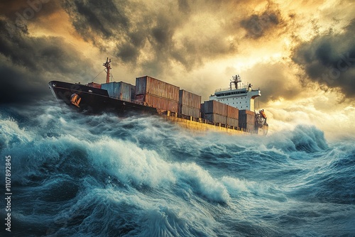 Rising waves overwhelm a large cargo ship under stormy skies amid difficult ocean conditions photo